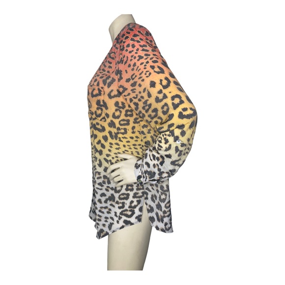 MULTIPLES Multicolor Ombre Leopard Animal Print Tie Front Linen Button Down Top - Picture 8 of 16